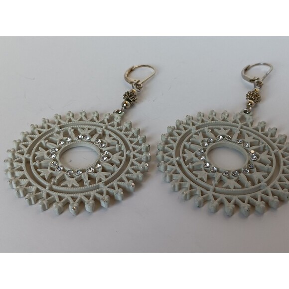 Handmade Enameled Goldtone Crystal Filagree Sunburst Statement Earrings 3 in - Picture 9 of 11